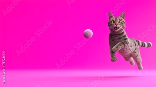 Dynamic scene of a cat playing with a ball suspended in the air during Pet Mental Health Month in a warm environment