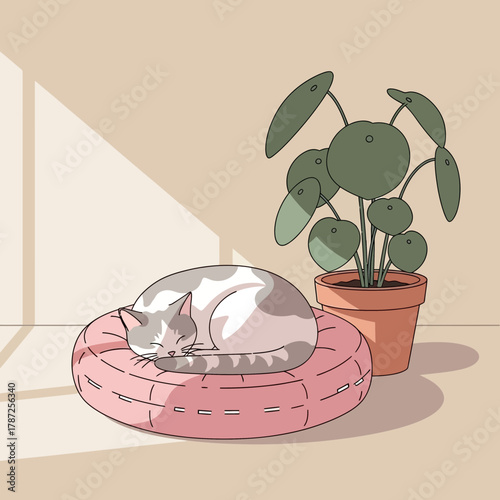 A gray and white cat sleeping peacefully on a pink cushion indoors