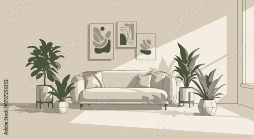 A modern living room with a couch and plants