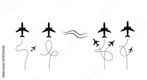 Illustration of airplanes with dotted lines showing flight paths editable stock