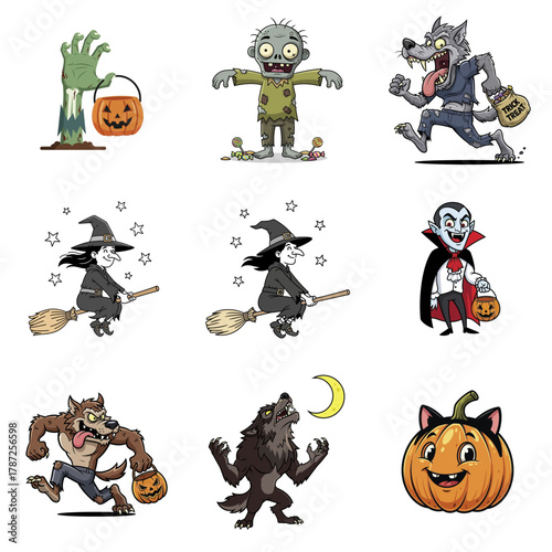 Halloween Characters Collection - Zombie, Witch, Werewolf, and Pumpkin.