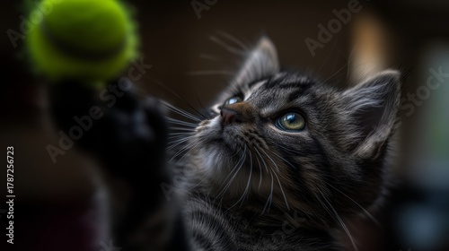 Dynamic scene of a cat playing with a ball suspended in the air during Pet Mental Health Month in a warm environment
