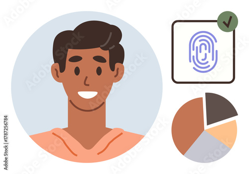 Young man smiling, next to a verified fingerprint scan and a segmented pie chart. Ideal for personal identification, biometric security, data analytics, user profile, technology, privacy, simple flat