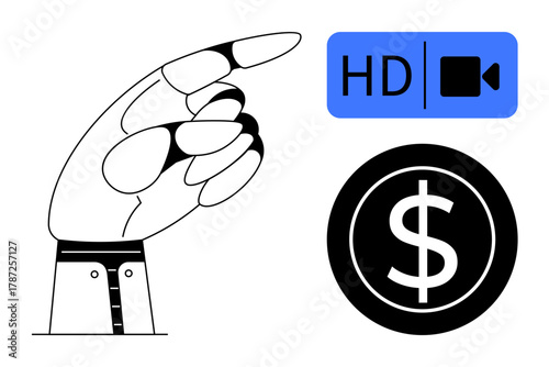 Hand pointing at HD video icon alongside dollar coin. Ideal for digital finance, video streaming, e-commerce, online revenue, high-quality content, media platforms, simple flat metaphor