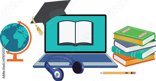 E-learning setup with laptop, books, globe, and graduate cap