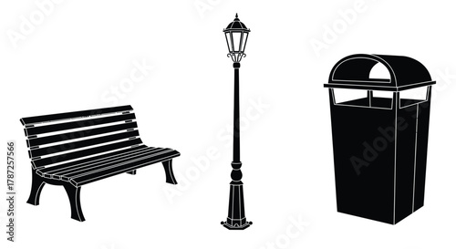 Illustration of a park bench, lamp post, and trash can in black editable stock