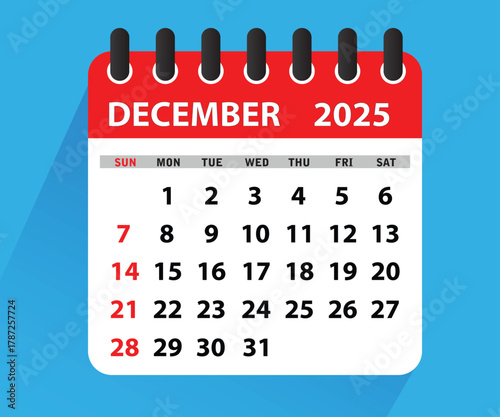 December 2025 Calendar Leaf. Calendar 2025 in flat style. December 2025 Calendar. Week starts on Sunday. Blank Calendar Template. Stationery Design. Vector Illustration