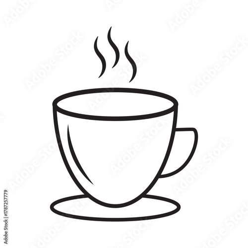 A simple black and white line drawing of a steaming cup of coffee on a saucer with a handle design.