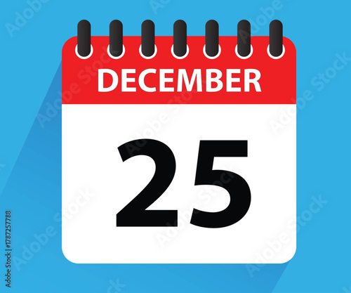 December 25, calendar icon. Christmas day. Date. December 25 Calendar Leaf, Blank Calendar Template. Stationery Design. Vector Illustration