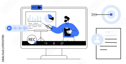 Man presenting data charts on screen with recording, voice input, and target visuals. Ideal for e-learning, business strategy, remote work, webinars, online meetings, digital marketing simple flat