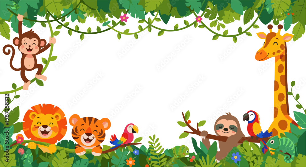 Fototapeta premium Jungle Animals Frame with Happy Monkey, Giraffe, Lion, Tiger, and Sloth