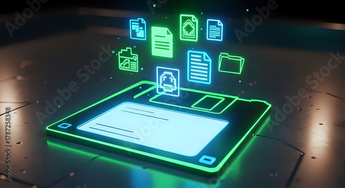 Nostalgic neon glow highlights a floppy disk with floating digital files showcasing retro data storage and vintage technology in a modern artistic rendering