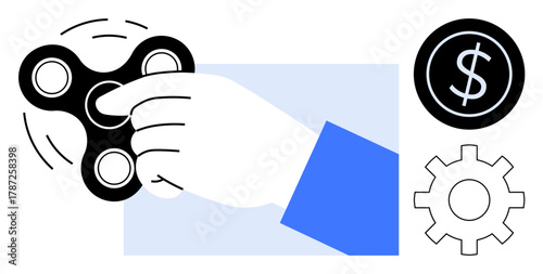 Hand spinning a black fidget spinner, accompanied by a dollar coin and gear. Ideal for business, productivity, finance, stress management, focus, innovation and personal growth concepts. Simple flat