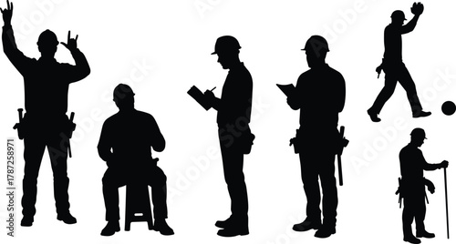 Construction worker silhouettes, safety gear, hard hat, tool belt, industrial labor, job site, occupational poses, teamwork, engineering, infrastructure, manual work
