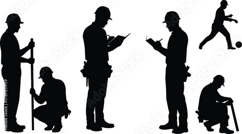Construction workers silhouette, engineering team, industrial labor, field inspection, hard hat safety, teamwork, site survey, occupational activity, black vector illustration