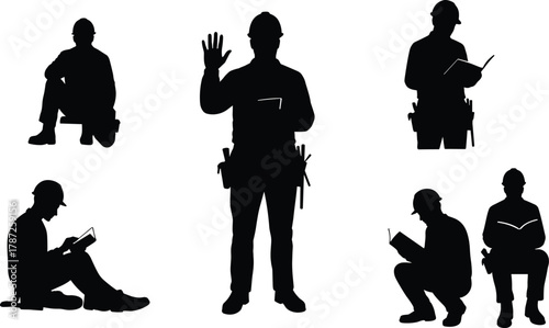 Construction workers reading documents, teamwork on site, safety planning, technical training, hard hats, communication, blueprint review, jobsite coordination, learning, instruction