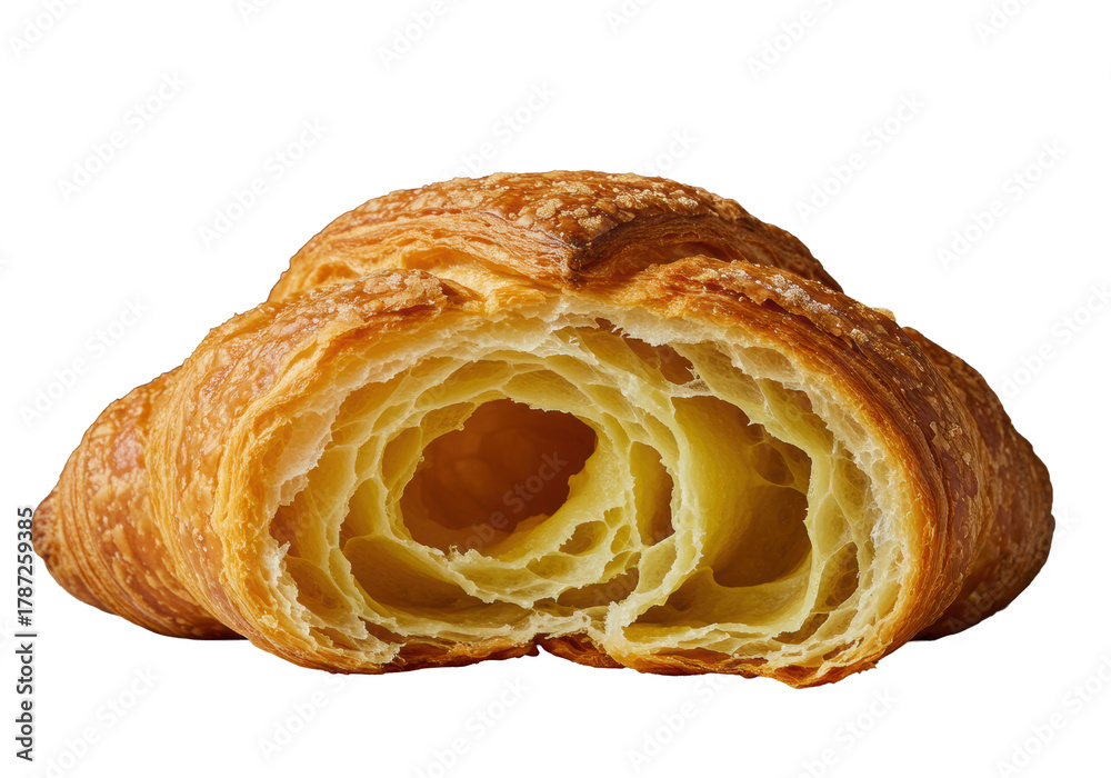 Fototapeta premium Ultra-macro of a freshly baked artisanal croissant torn open, steamy layered interior, golden crust, minimalist studio, transparent, high-contrast side lighting. Concept of gourmet pastry perfection.