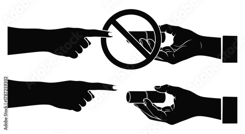 Black silhouettes of hands pointing and holding forbidden object editable stock