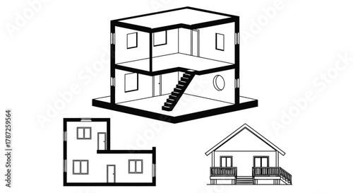 Illustration of a two story house with floor plan and elevation editable stock