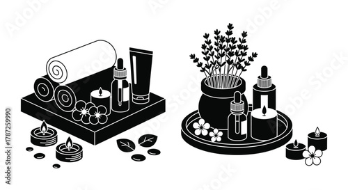 Black and white spa scene with towels candles and essential oils editable stock