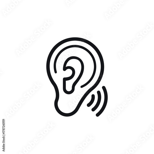 “Simple black line art icon of a human ear with three curved sound waves, minimalist vector design, white background, no color fill.”