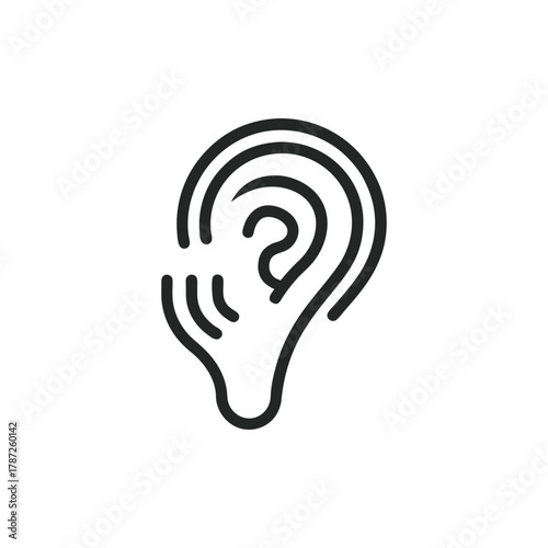 “Simple black line art icon of a human ear with three curved sound waves, minimalist vector design, white background, no color fill.”