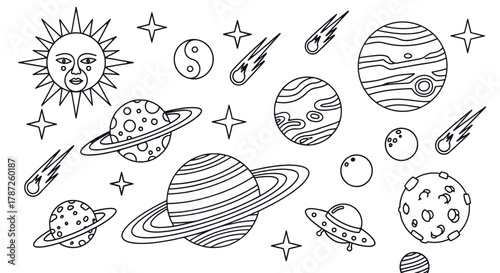 Illustration of planets sun stars comets and flying saucer on blue editable stock