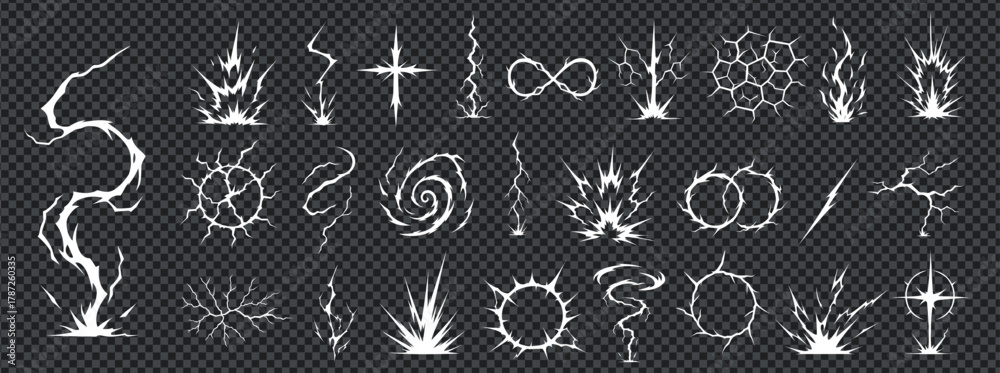 Manga thunder effect set with comic bolt lightening lightning vector. Manga thunder pack includes spiral, infinity loop, crack grid and strike bg. Digital icons for vfx, game or anime asset.