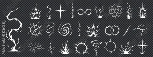 Manga thunder effect set with comic bolt lightening lightning vector. Manga thunder pack includes spiral, infinity loop, crack grid and strike bg. Digital icons for vfx, game or anime asset.