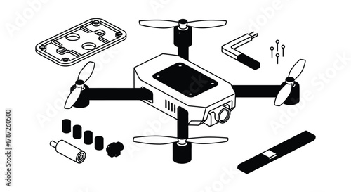 Illustration of a drone with parts laid out on a white background editable stock