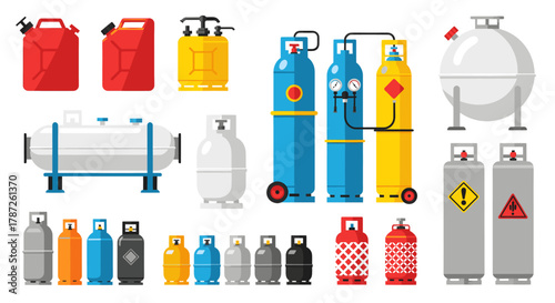 Collection of various gas cylinders, canisters, and tanks