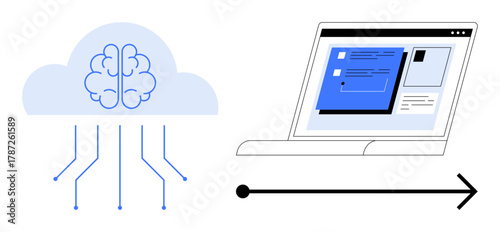 Brain in cloud connected via lines to laptop showcasing data flow and AI processing. Ideal for AI, cloud computing, innovation, automation, digital transformation, programming, technology. Minimal