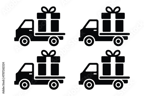 Four identical trucks carrying gifts, symbolizing logistics and delivery services.