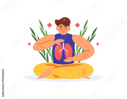 Illustration of a man doing yoga for lung health. Doing exercise to improve lung health. Meditation, activity, people, maintaining health. Flat style character design. White background.