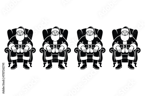 Four identical Santas sit in armchairs, creating a symmetrical and festive pattern.