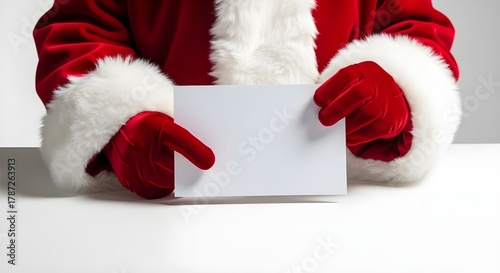 Santa Claus Hands Holding Blank Paper Christmas Mockup on Clean White Studio Background
