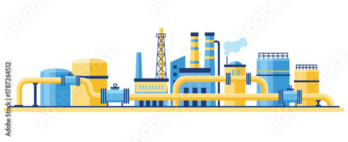 Flat design illustration of industrial pipeline system with storage tanks, plant buildings, and energy facility showing fuel transport and infrastructure concept