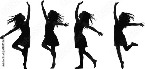 Dance silhouette, female dancer, expressive movement, artistic pose, graceful figure, black silhouette, performance art, elegant motion, flowing dress, dramatic style
