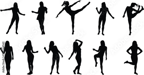Dance silhouette collection, expressive human poses, black figure movement, artistic choreography, dramatic gesture, modern style, isolated white background, motion study