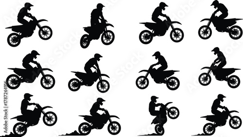 Dirt bike silhouette, motocross rider action, extreme sport poses, black biker icon set, jump tricks, racing motion, helmet safety