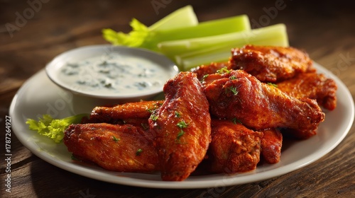 a plate of spicy buffalo wings with celery sticks and blue cheese dressing