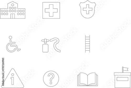 Essential community service icons representing education, safety, and accessibility
