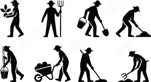 Gardener and farmer silhouettes illustrating essential agricultural and gardening tasks like planting, digging, carrying, and cultivation