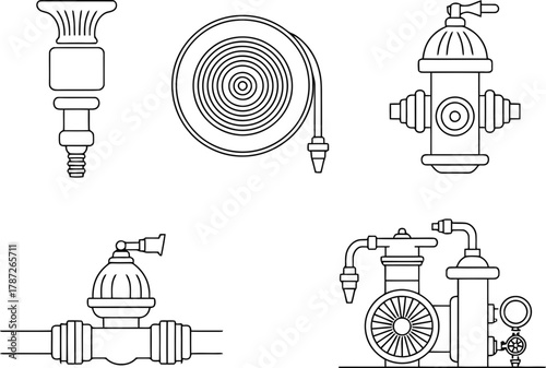 Detailed line art of firefighting tools for safety manuals and emergency preparedness