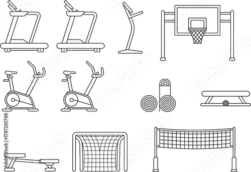 Fitness equipment line art for gym advertising, workout motivation, and healthy life