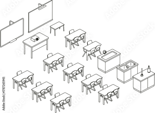 Visualize classroom layout with tables, chairs, whiteboard, and sink line drawing