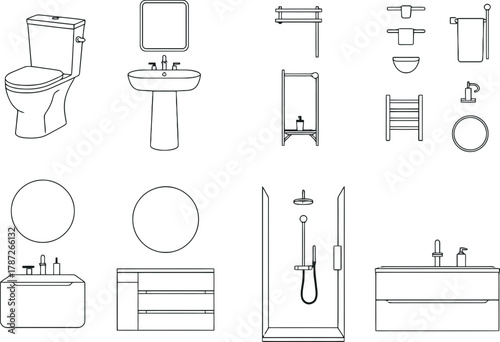 set of bathroom accessories architectural drawing