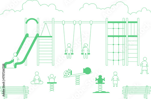 Inviting playground scene with swings and slide perfect for childhood memories architectural drawing