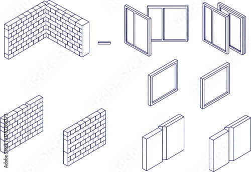 Architectural construction concept with bricks and windows for building design architectural drawing
