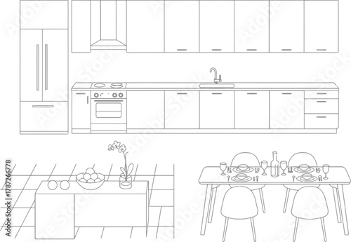 Explore bright and modern kitchen design with dining table and elegant tableware architectural drawing